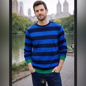 Central Park Crewneck Striped Contrast Trim Sweater Men XL Blue
